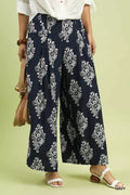 Navy abstract print wide-leg pants with elastic waistband