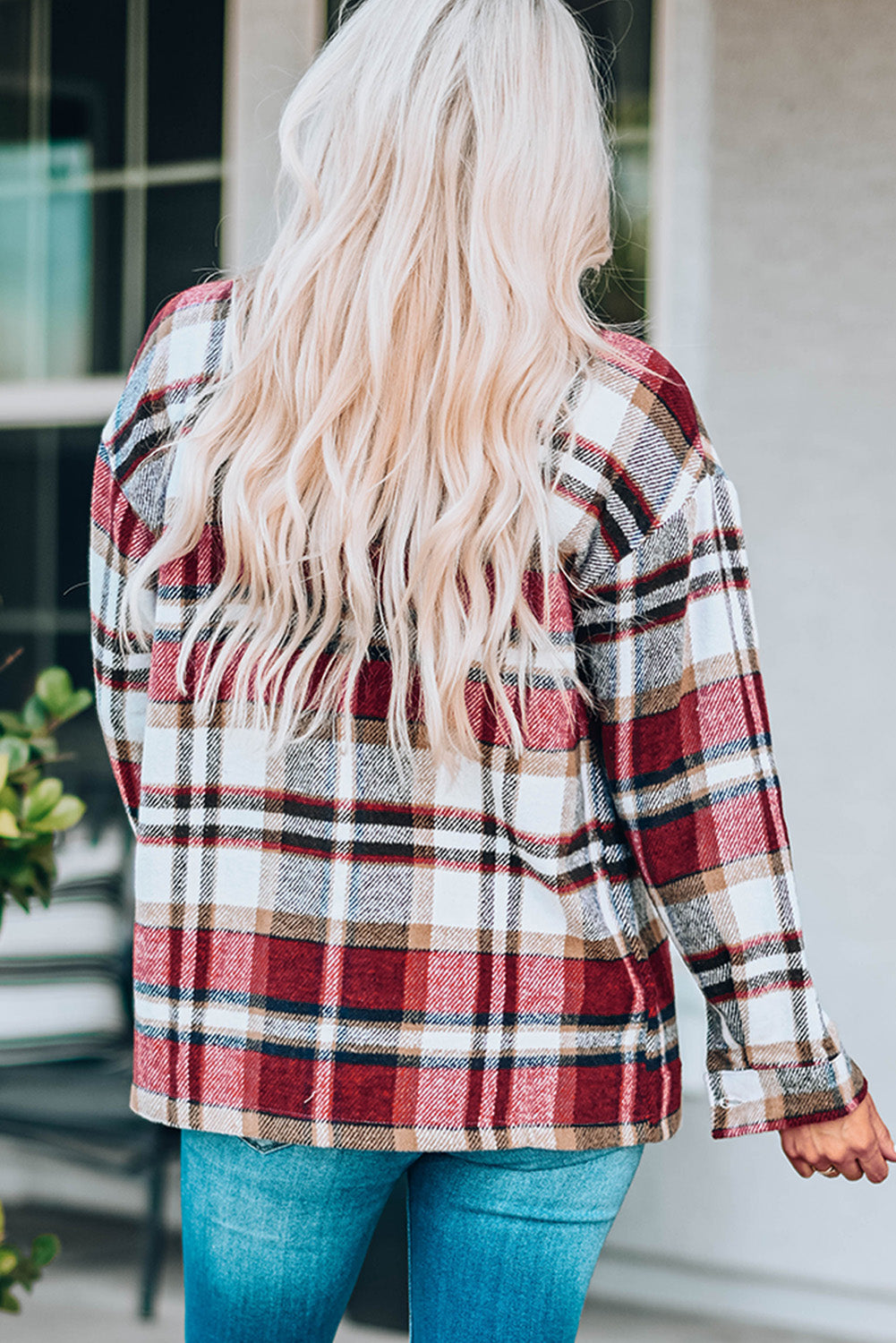 Casual outfit with plaid shirt jacket featuring breast pockets and dropped shoulders