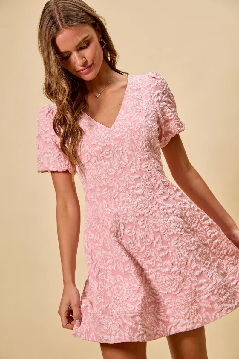 Fit-and-flare mini dress with floral jacquard pattern cinched at waist