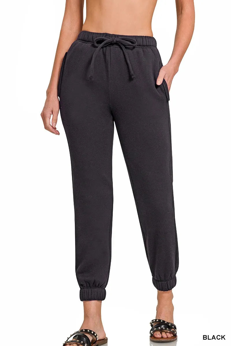 Charcoal black fleece joggers with drawstring waist