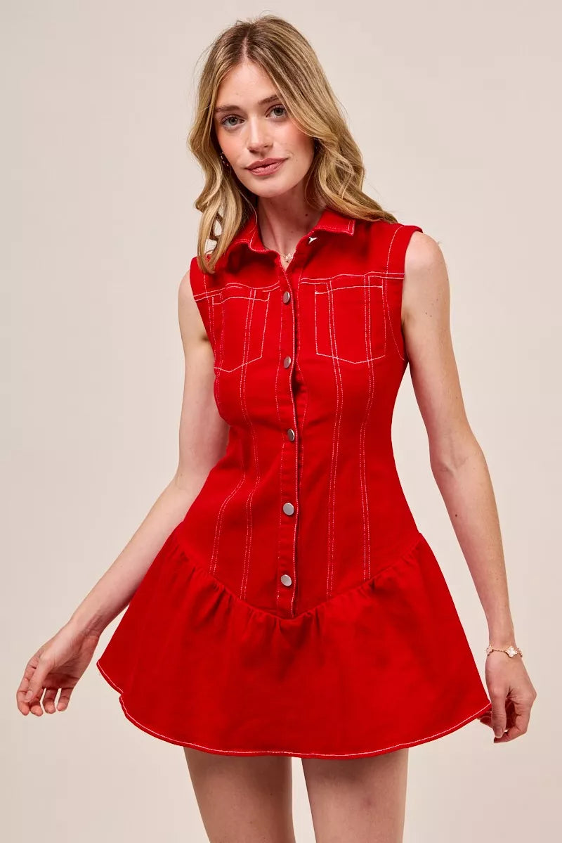 Sleeveless dress in crimson red showcasing buttoned detail