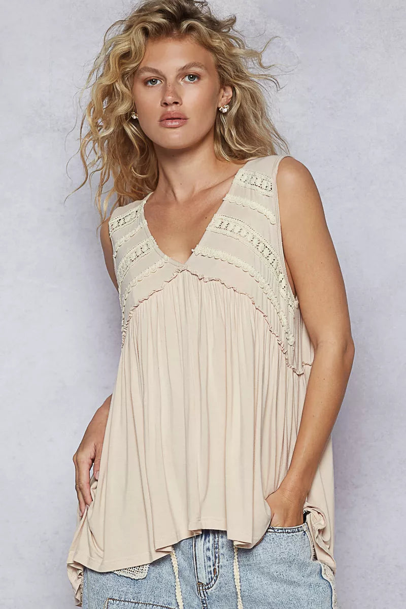 Almond beige lace babydoll top with delicate trim and ruffled details