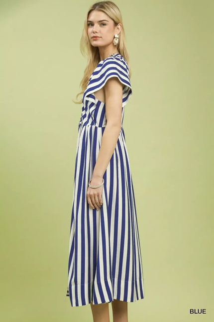 Blue-white striped midi dress with ruffled off-shoulder neckline and button-front detail for flattering feminine fit