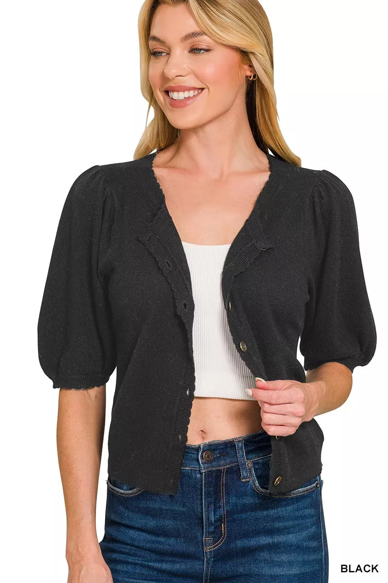 Fitted black cardigan with detailed ribbed cuff and hem