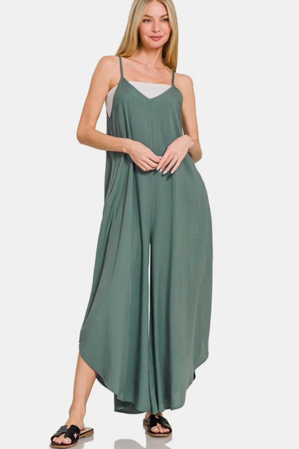 Sleeveless curved-hem wide-leg overalls in ash jade green with pockets