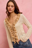 Cream and tan ruffled knit cardigan with pointelle texture and V-neck design
