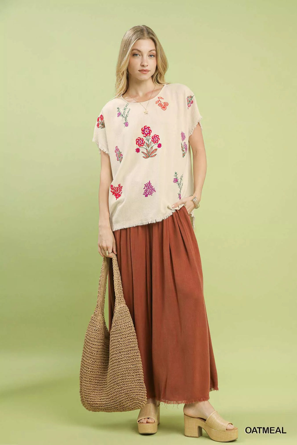 Lightweight embroidered linen top in soft oatmeal cream
