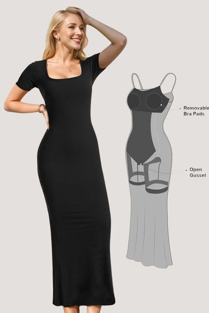 Square neck maxi dress with short sleeves and modal-spandex fabric