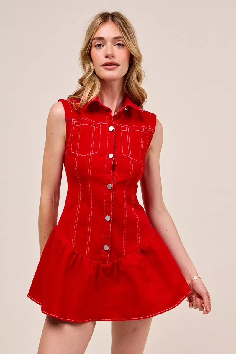 Crimson red sleeveless dress with buttoned front and subtle ruffles