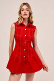 Crimson red sleeveless dress with buttoned front and subtle ruffles