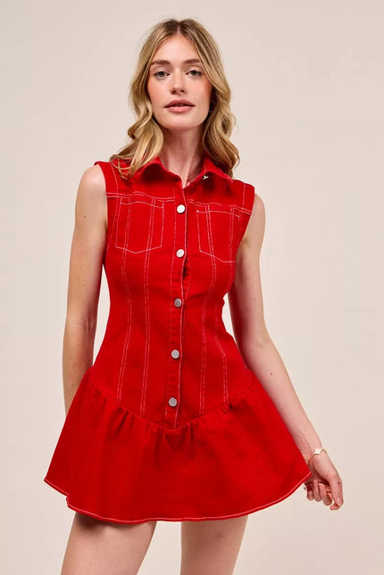 Crimson red sleeveless dress with buttoned front and subtle ruffles