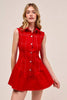 Crimson red sleeveless dress with buttoned front and subtle ruffles