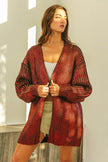 Red metallic knit V-neck cardigan, shimmering texture, loose fit, open front.