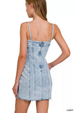 Light-wash denim dress with spaghetti straps and exposed seam back zipper detail