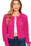 Vivid pink crochet cardigan with openwork details and button front