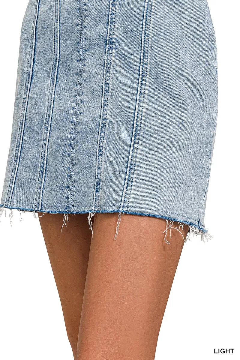 Light-wash denim dress with frayed hem and exposed seam detailing
