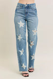 **90s high-waist rigid denim with white distressed star cuts, distressed texture, plus-fit straight leg jeans.**
