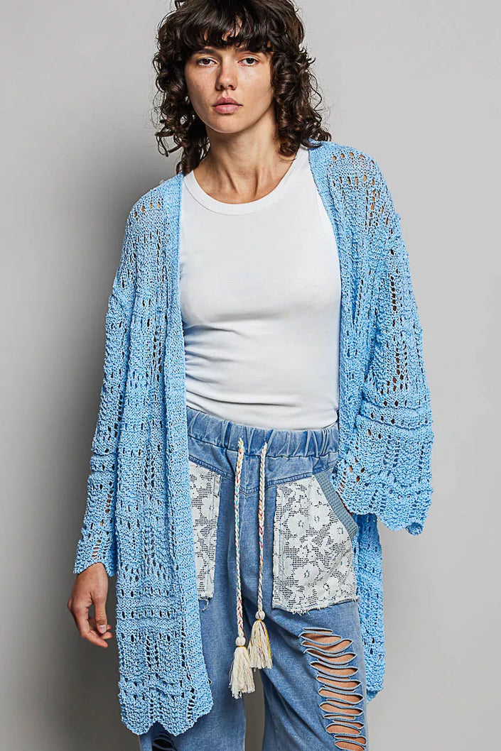 Light blue openwork cardigan with scalloped edge, lightweight knit, loose fit, crochet texture