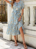 Blue floral ruffle hem midi dress with tie front and short sleeves