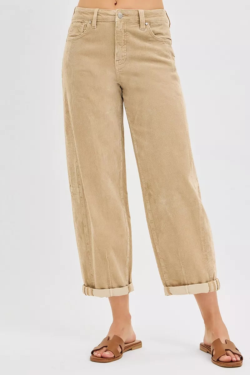 High-rise cropped corduroy pants with barrel leg silhouette