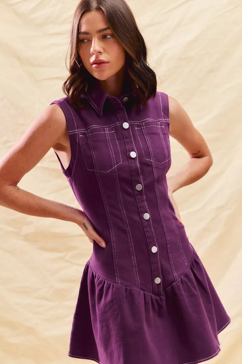 Collared neckline detail on sleeveless orchid purple mini dress