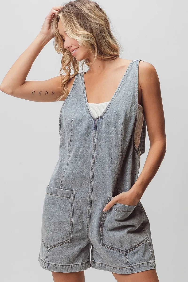 Light-wash denim shortall with patch detail, relaxed fit, front pockets, textured fabric