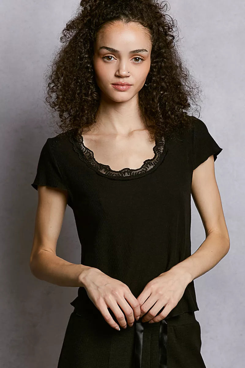 Round neck crop top with lace neck trim