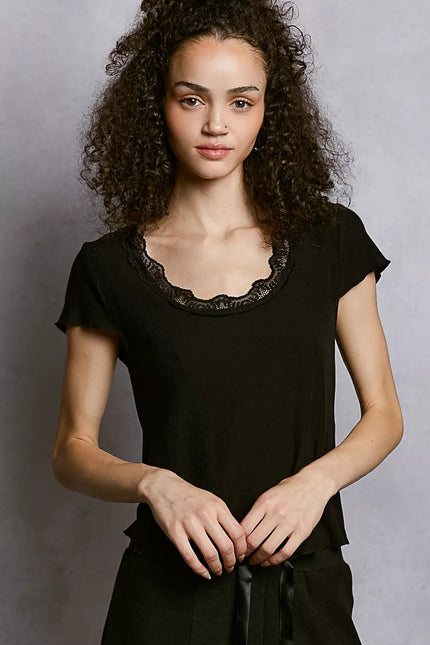 Round neck crop top with lace neck trim