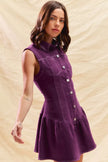 Waistline view of fitted sleeveless dress in orchid purple