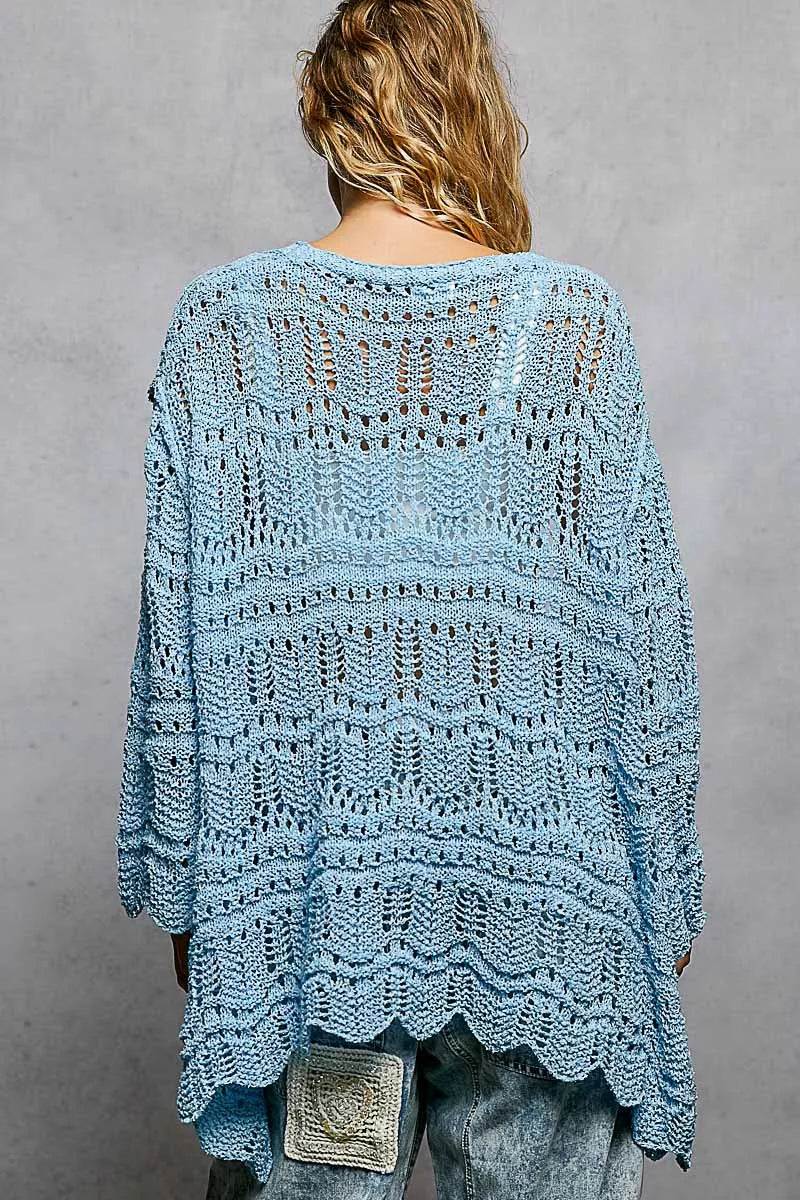 Light blue openwork knit cardigan with scalloped hem and loose fit