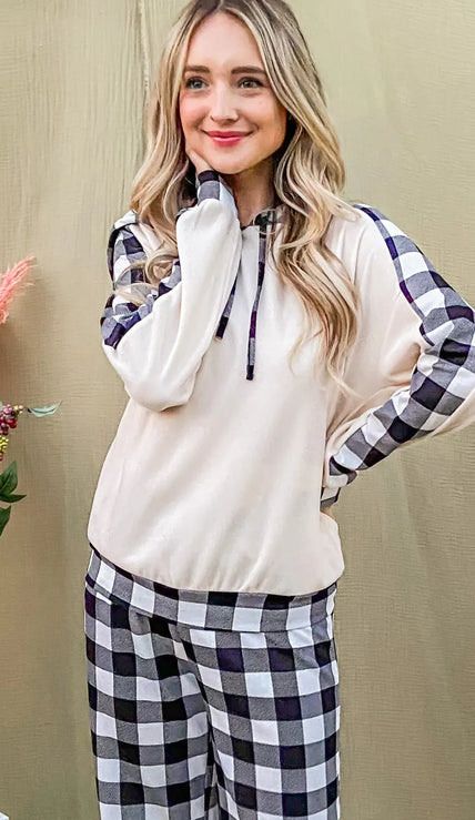 Black and white plaid lounge set featuring hooded top and drawstring pants