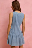 Light blue denim sleeveless mini dress with fitted bodice and flared skirt