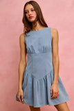 Light blue denim sleeveless mini dress with fitted waist and flared skirt.