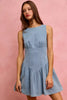 Light blue denim sleeveless mini dress with fitted waist and flared skirt.