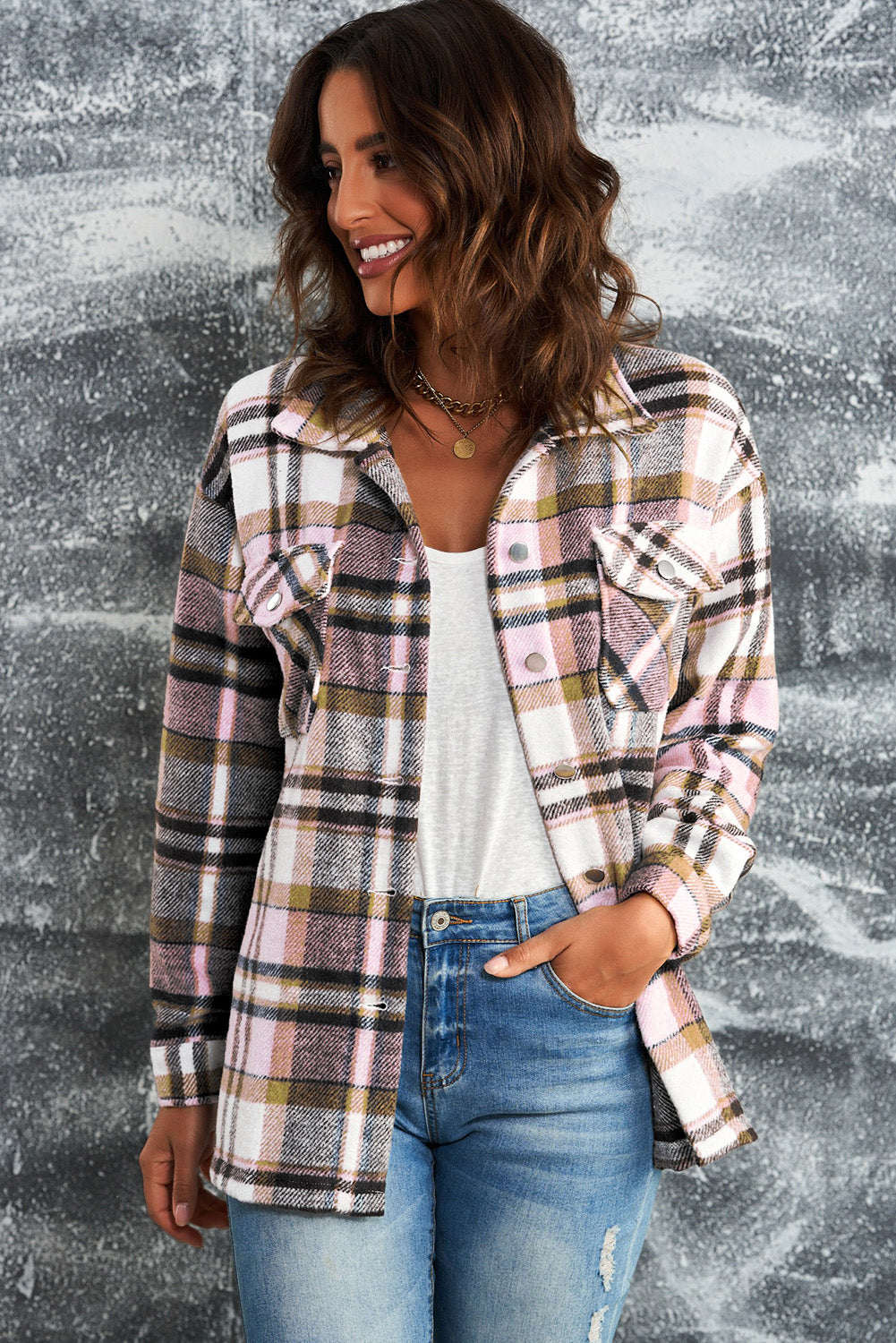 Plaid shirt jacket hanging showing dropped shoulder seam and classic pattern