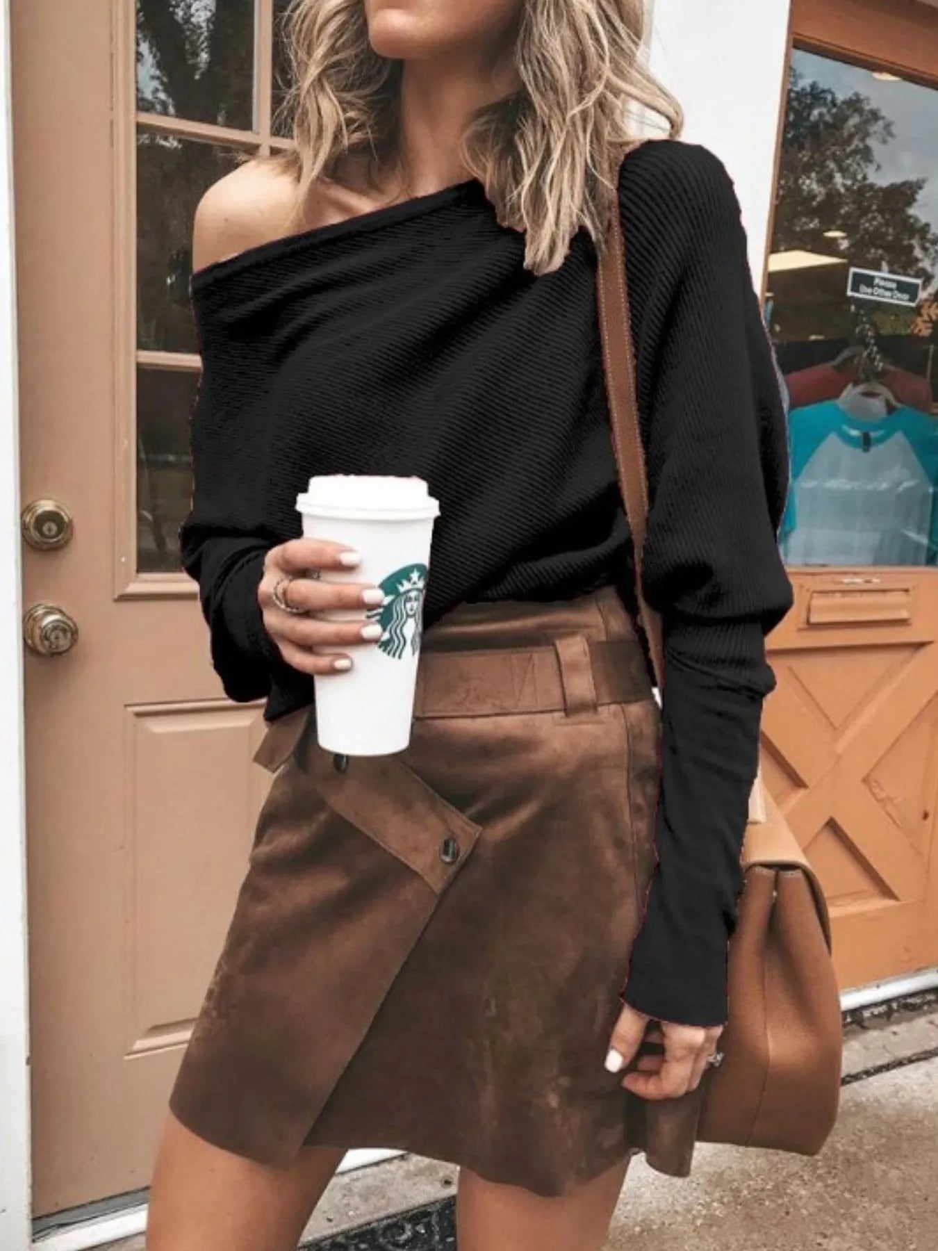 Ribbed knit top with off-shoulder neckline and relaxed, draped fit