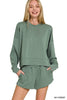 Deep forest green scuba sweatshirt and shorts set displayed on model