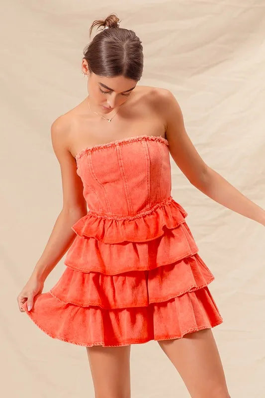 Burnt orange strapless dress with layered ruffles