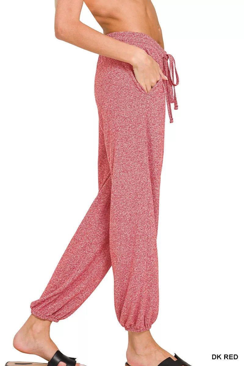 Close-up of soft melange fabric jogger texture and drawstring detail