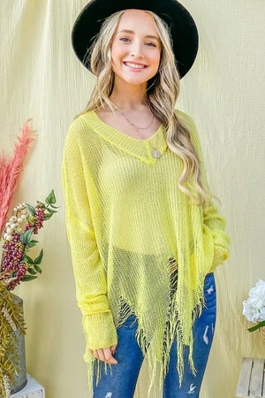 Vibrant yellow distressed mesh sweater with frayed hem and V-neck design, loose fit