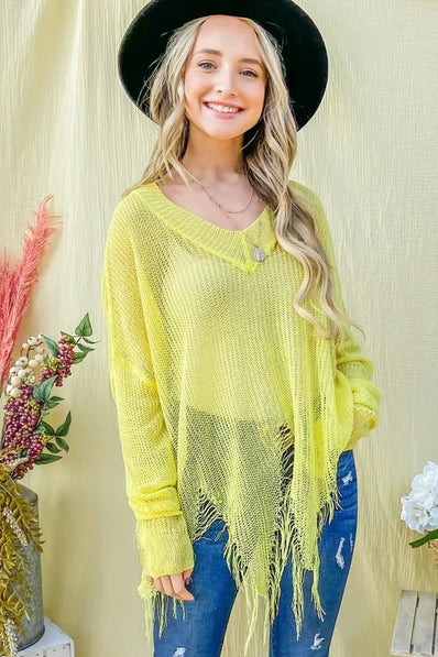 Vibrant yellow distressed mesh sweater with frayed hem and V-neck design, loose fit