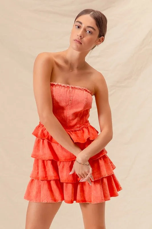 Strapless dress with smocked bodice and ruffles