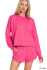 Vivid pink scuba sweatshirt and shorts set displayed on a model