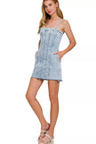 Light-wash denim dress with spaghetti straps and exposed seams, fitted silhouette.