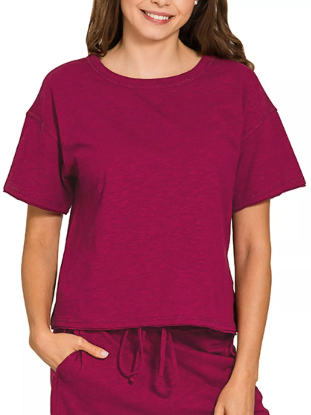 Red cotton lounge set featuring relaxed fit tee and drawstring pants