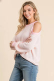 Textured pink-and-white popcorn waffle knit top with cold shoulder cutouts, relaxed fit, breathable casual wear