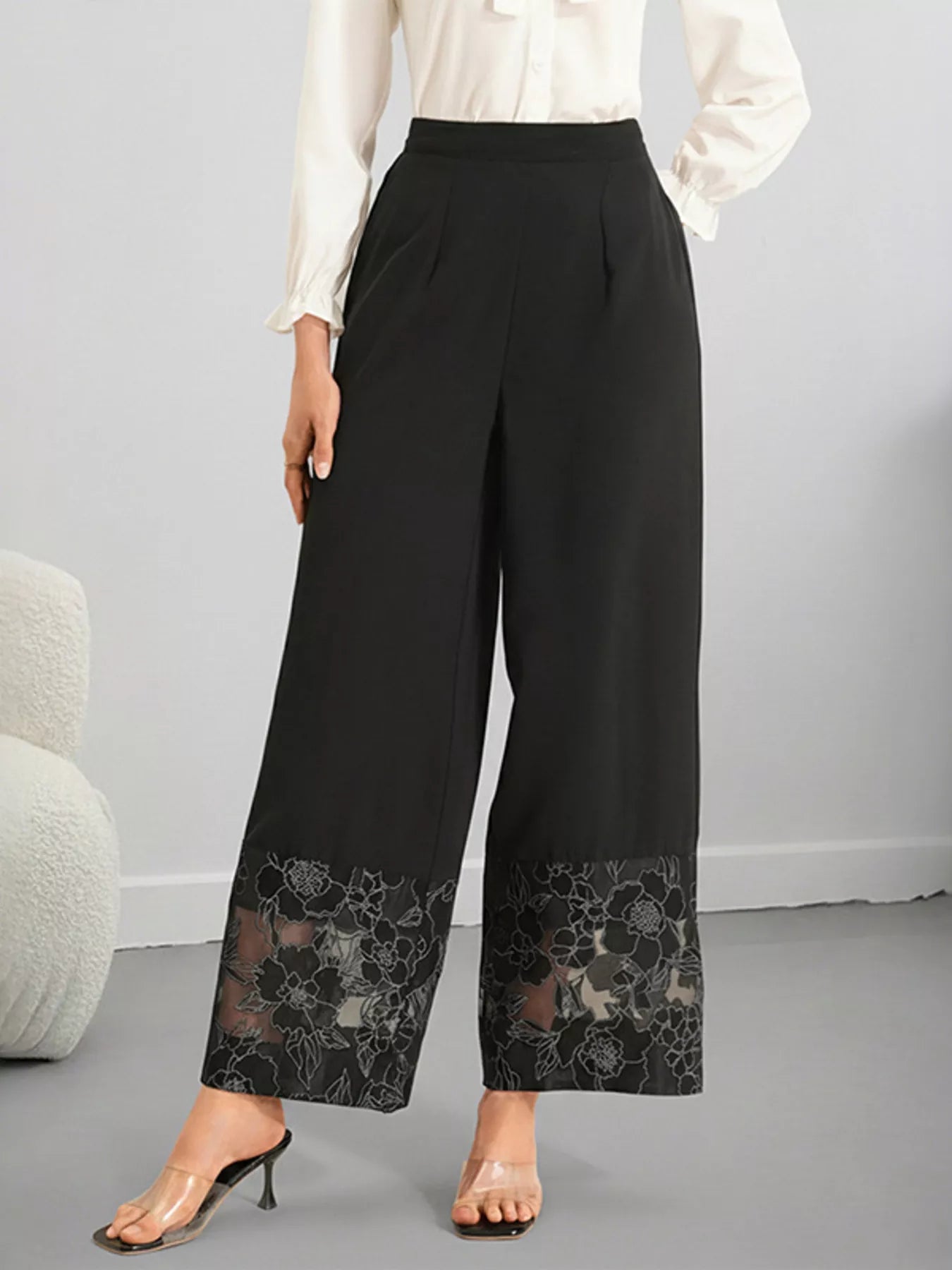 Fluid drape wide leg pants with floral lace hem