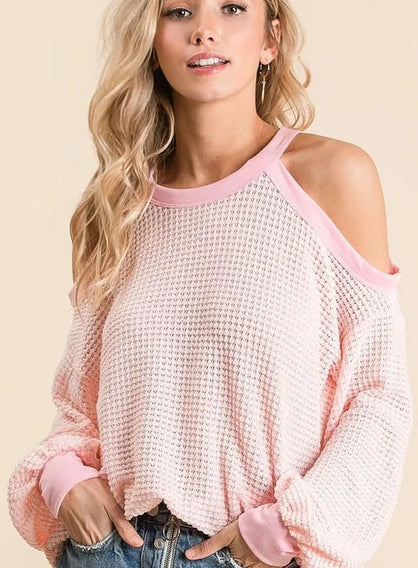 Breathable pink off-shoulder popcorn waffle knit top with cold shoulder cutouts
