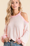 Breathable pink off-shoulder popcorn waffle knit top with cold shoulder cutouts