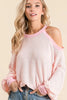 Breathable pink off-shoulder popcorn waffle knit top with cold shoulder cutouts